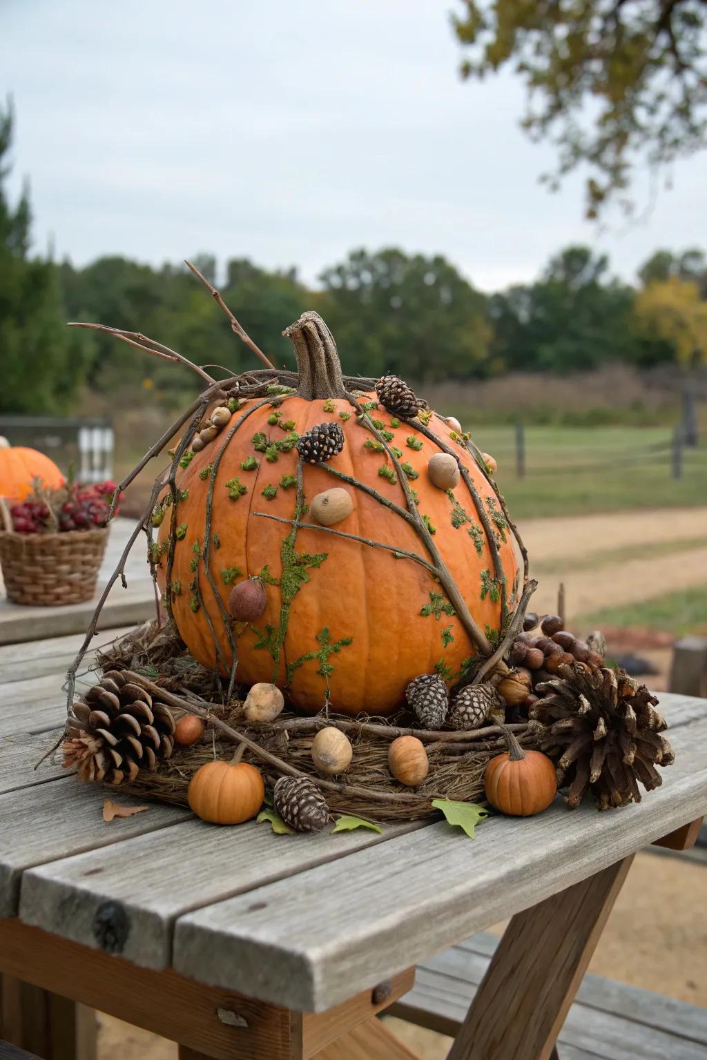 Nature-inspired elements give this pumpkin a woodland charm.