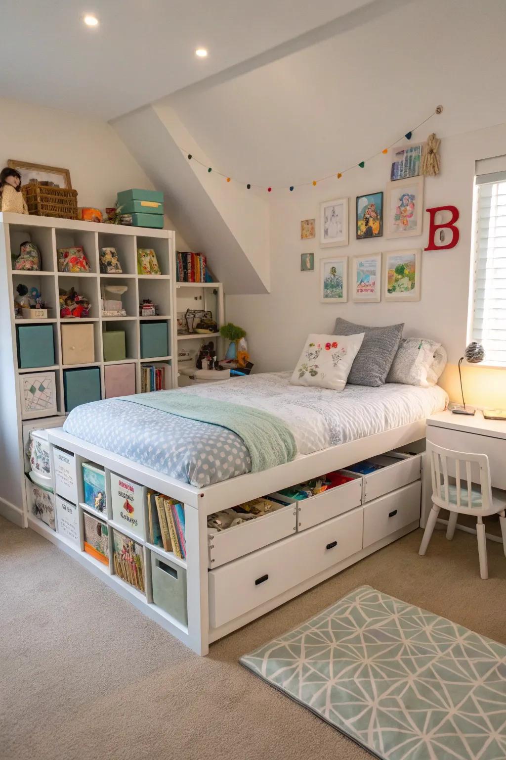 A bedroom featuring smart storage solutions to keep things organized.