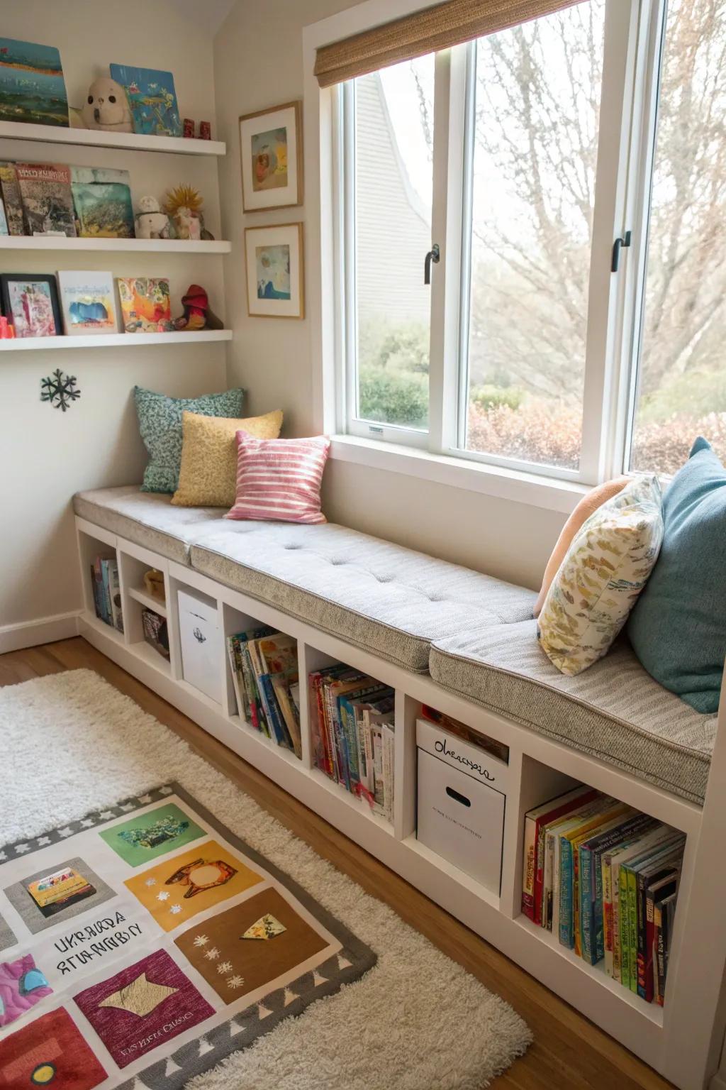 A window seat with storage combines comfort with practicality.