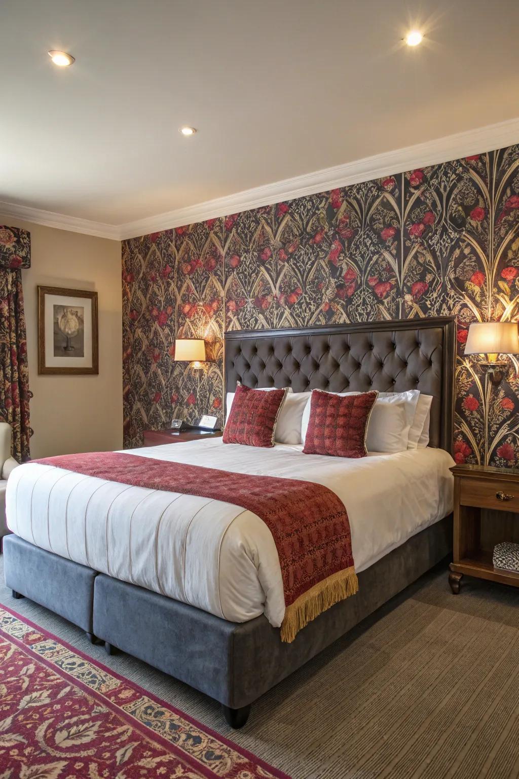 Bold wallpaper creates a striking backdrop for this king bed.