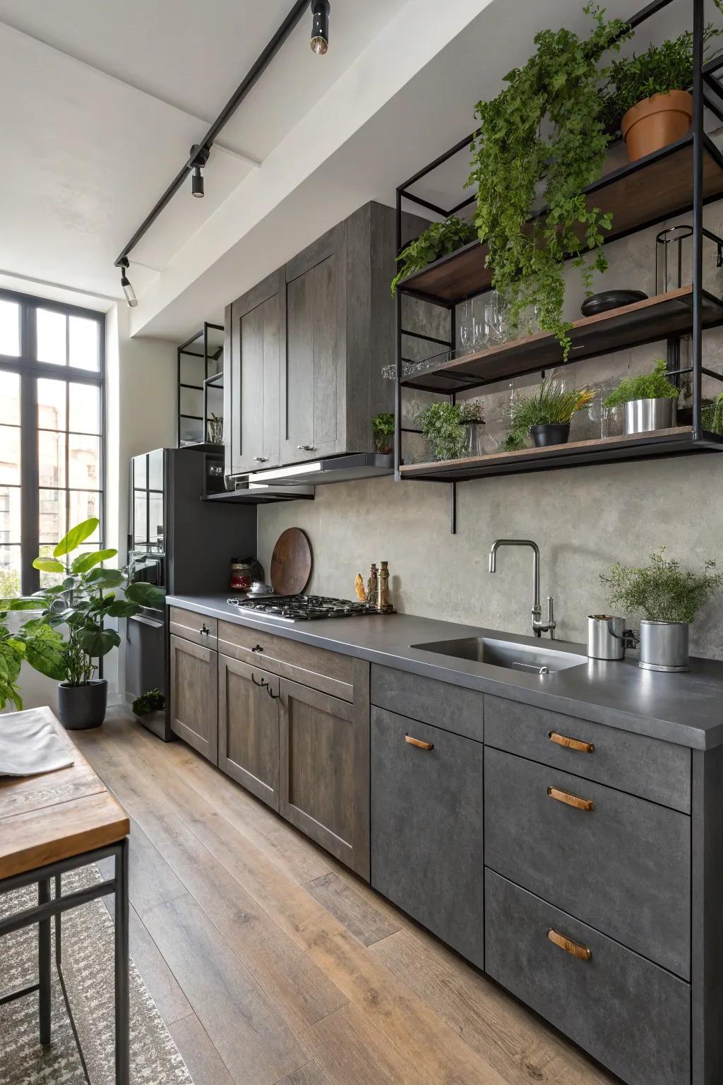 Industrial steel gray cabinets create a modern and edgy look.