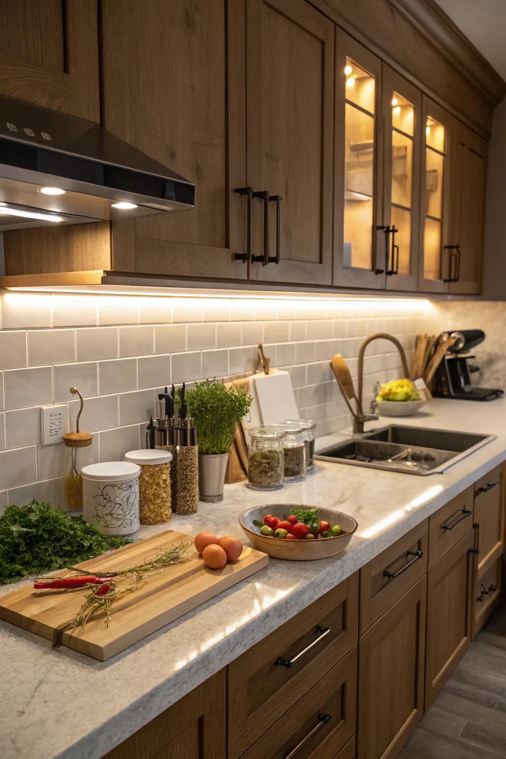 Under cabinet task lighting enhances kitchen workspaces.