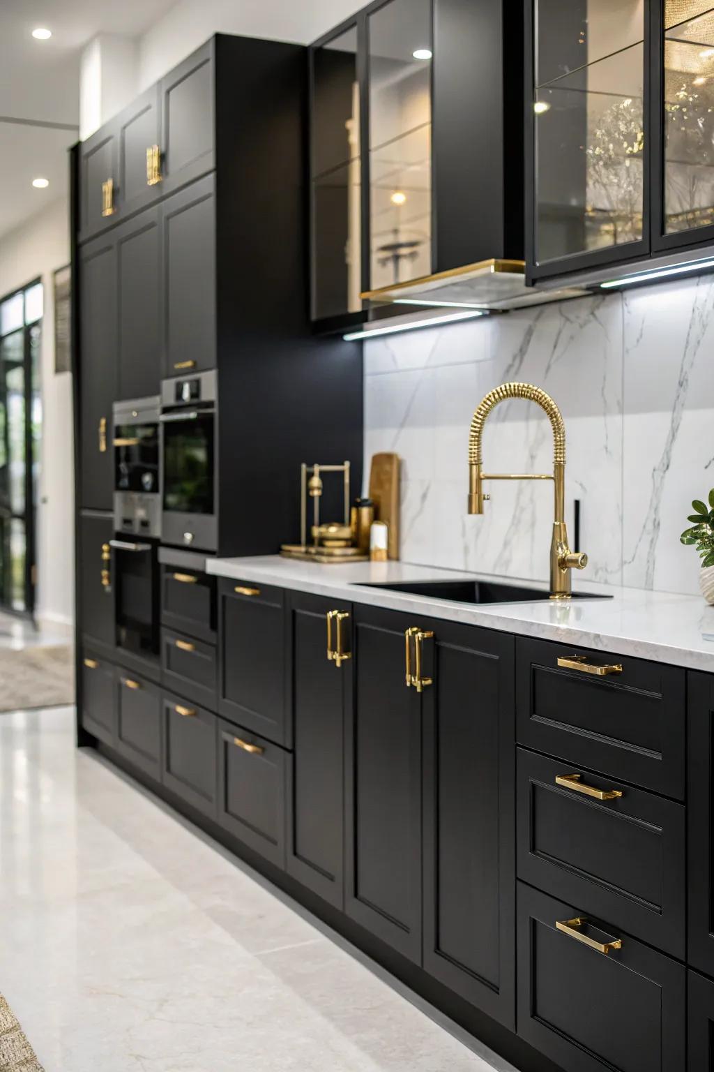 Modern black and brass create a luxurious, contemporary kitchen space.