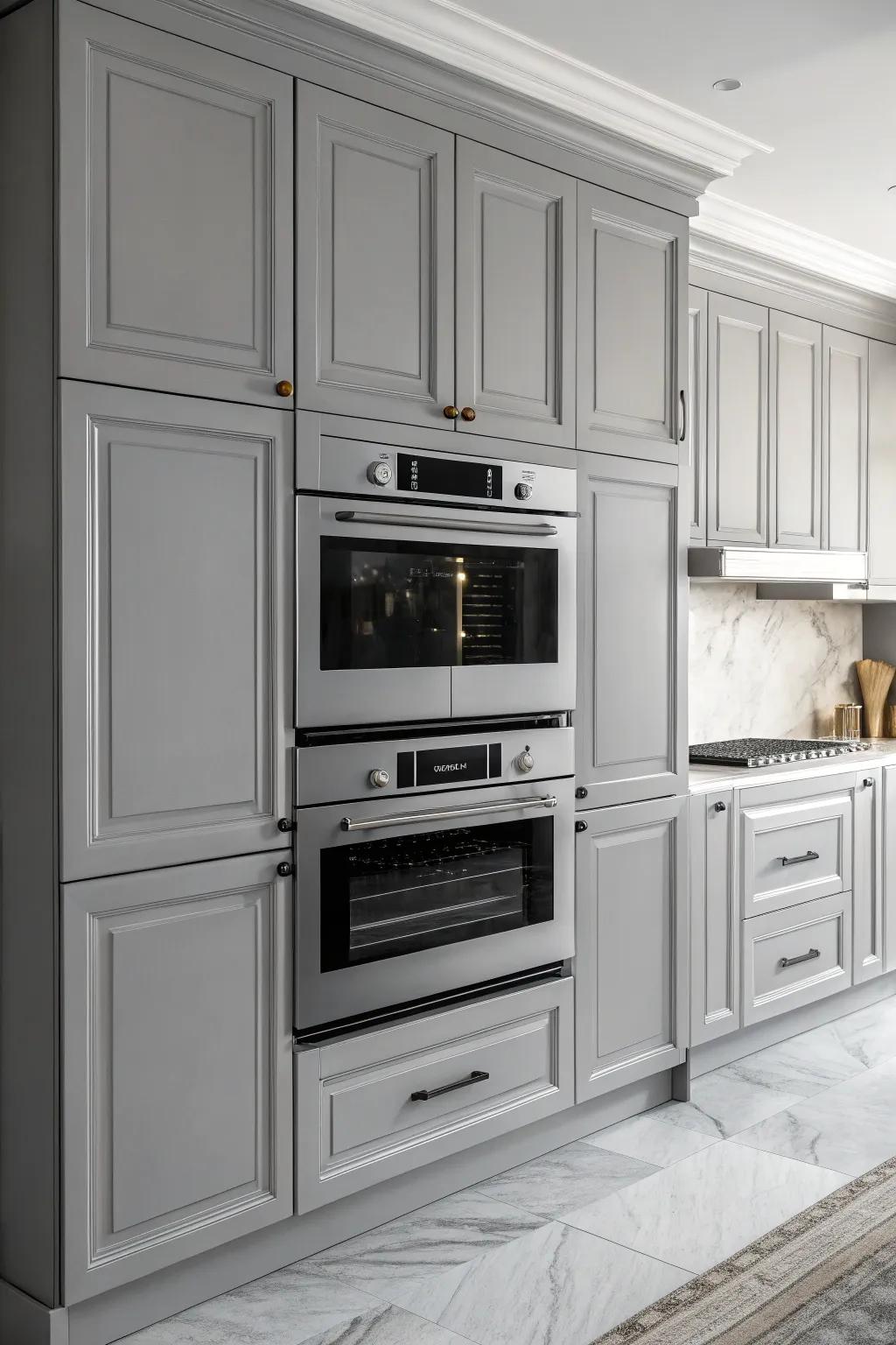 Double ovens blending harmoniously into a monochrome kitchen design.