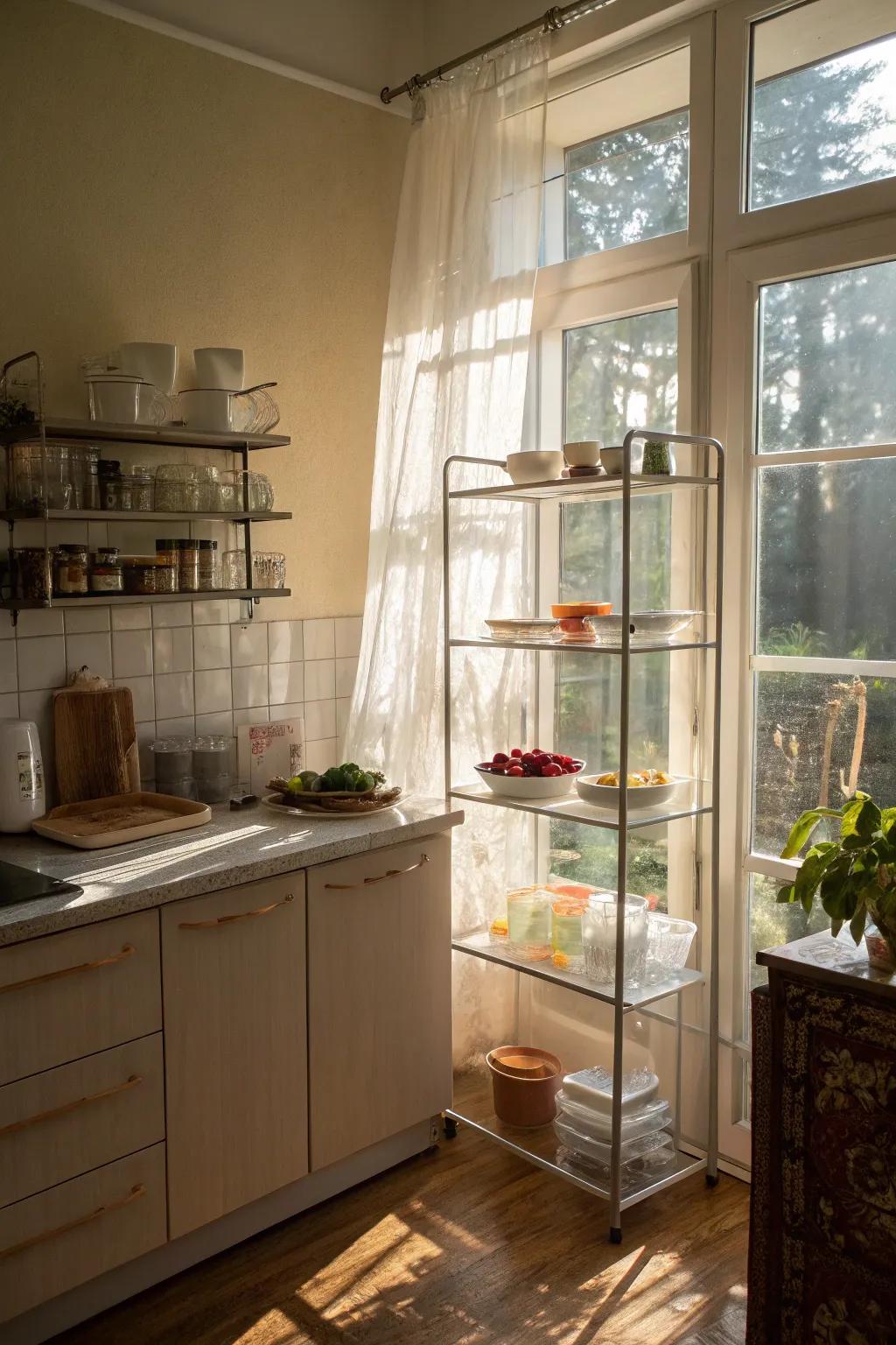 Acrylic shelves provide storage without blocking light.