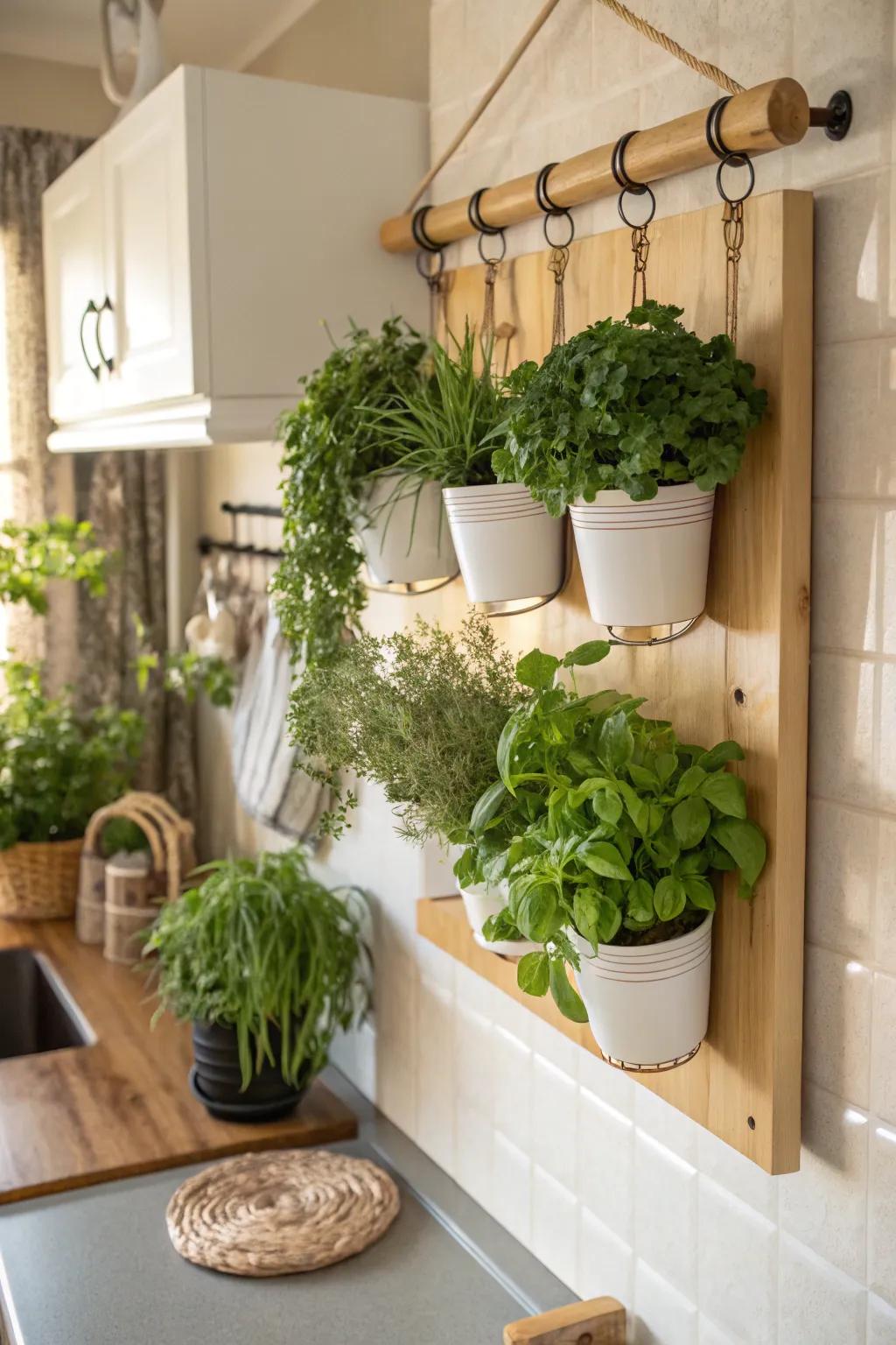 A hanging herb garden adds greenery and function to the kitchen.