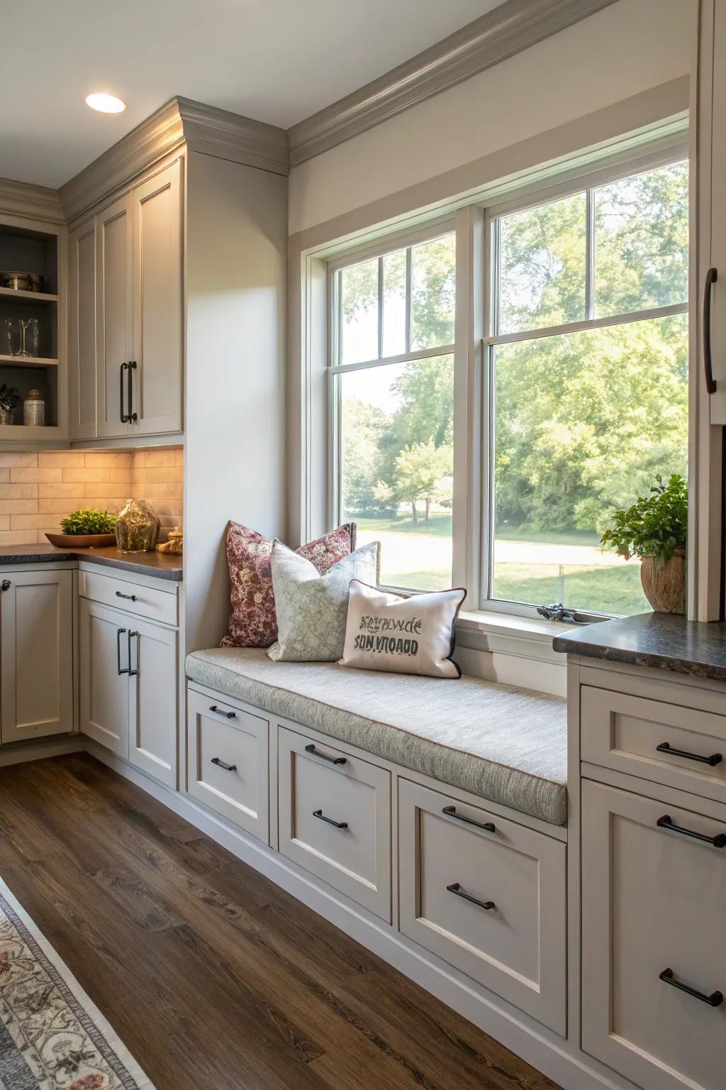 Cabinetry flanking a window seat adds storage and style.