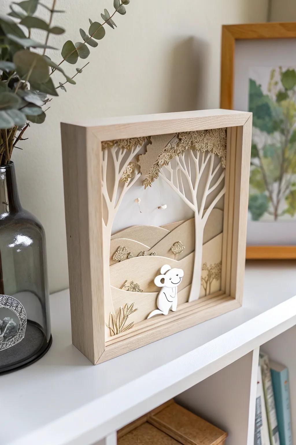 Capture the serene beauty of nature with this enchanting koala shadow box, a perfect blend of minimalist design and boho charm.