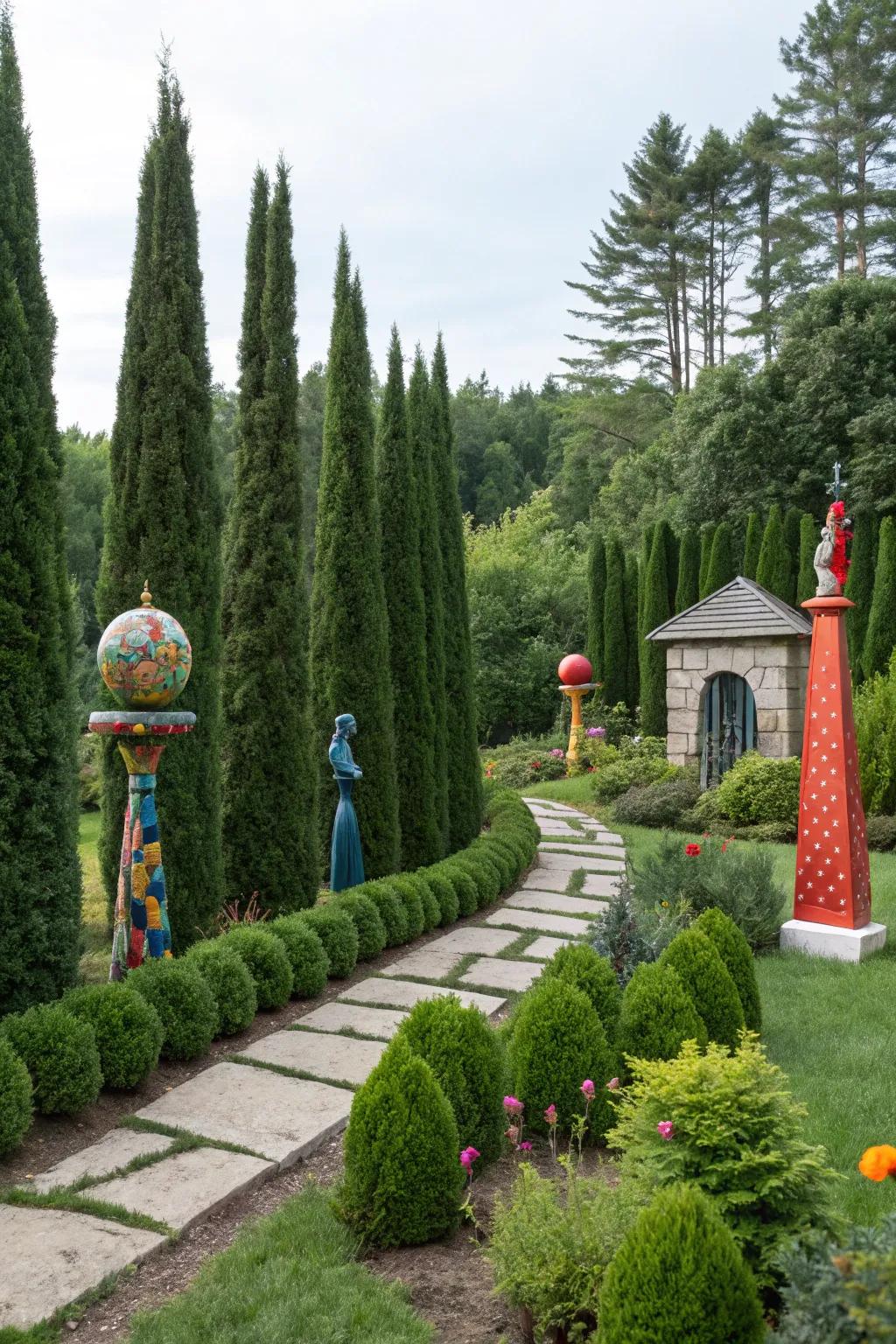 Arborvitae providing a natural backdrop for showcasing garden art.