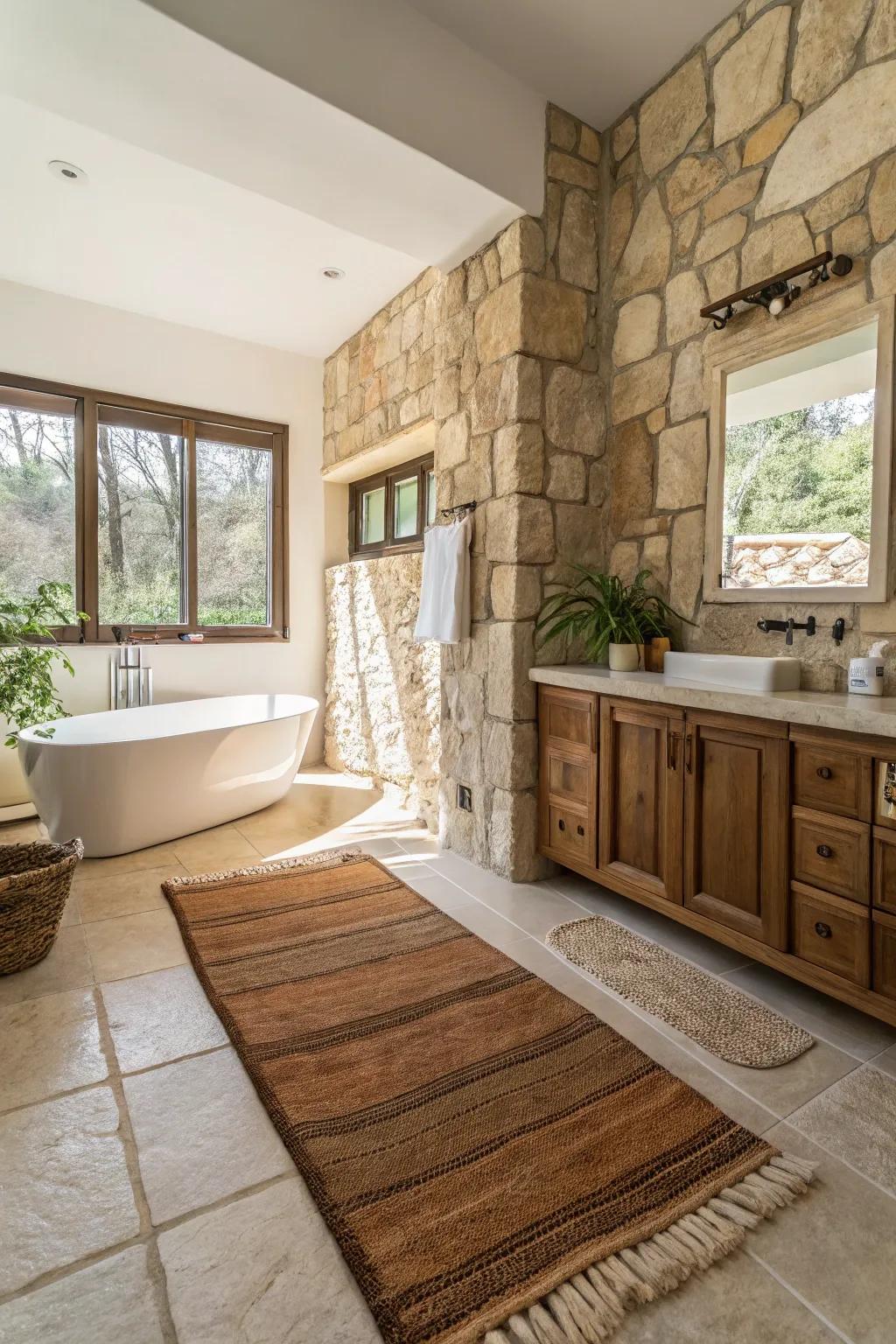 Earthy-toned rugs provide warmth and tranquility to bathroom spaces.