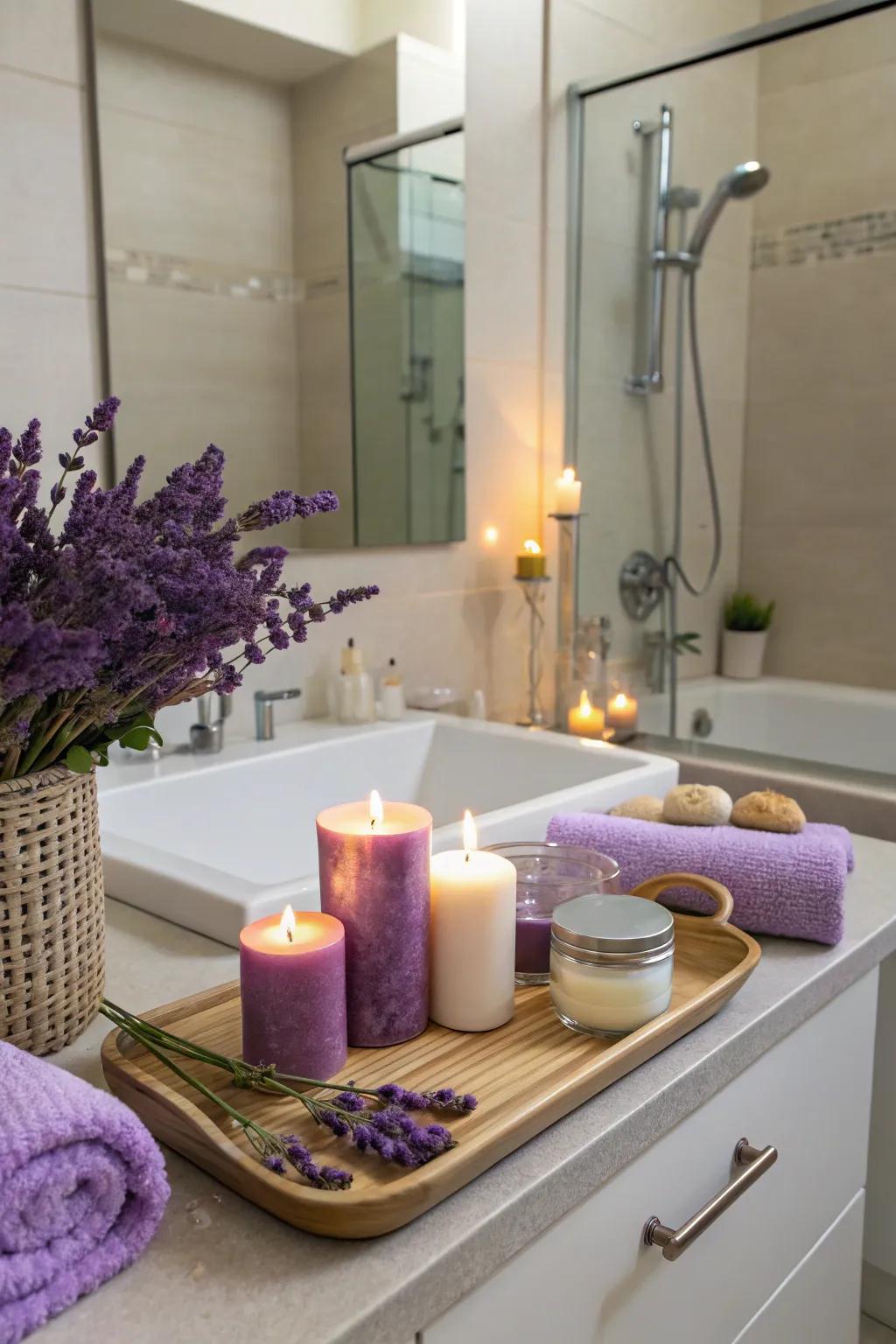 Lavender accents on the vanity add a cohesive and elegant touch.