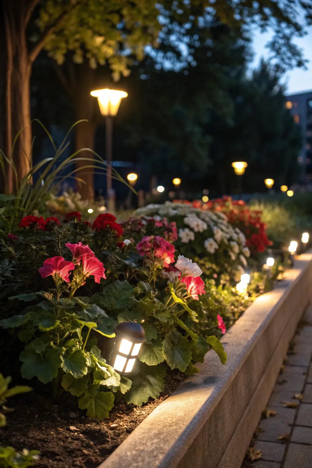 LED lighting adds a magical touch to garden flower beds.