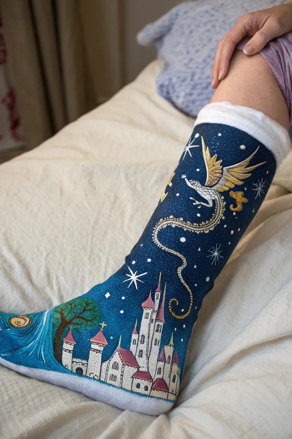 Step into a fantasy world with every step: Transform your cast into a whimsical canvas of dragons and castles.