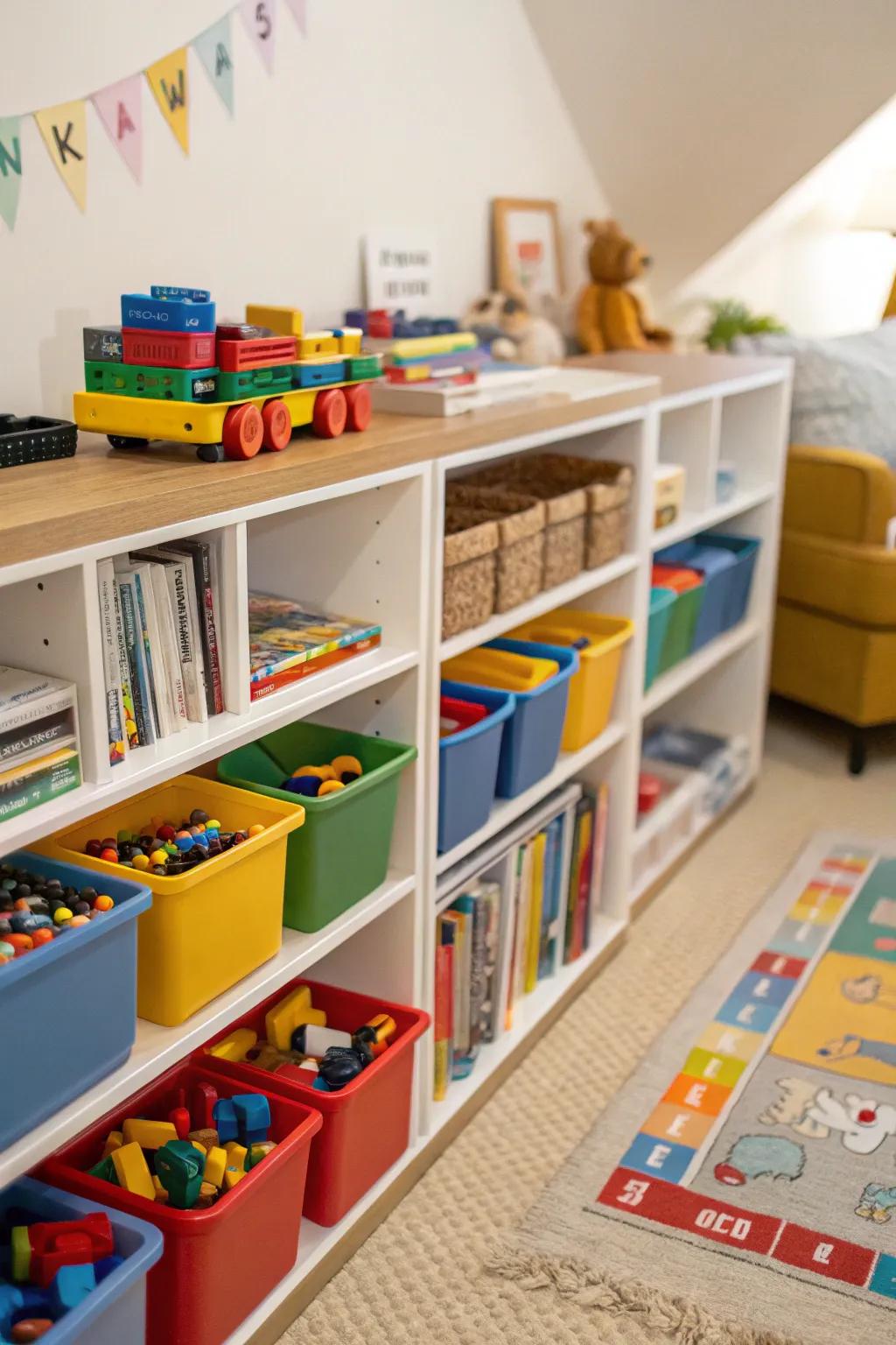 Child-friendly Lego storage with low shelves.