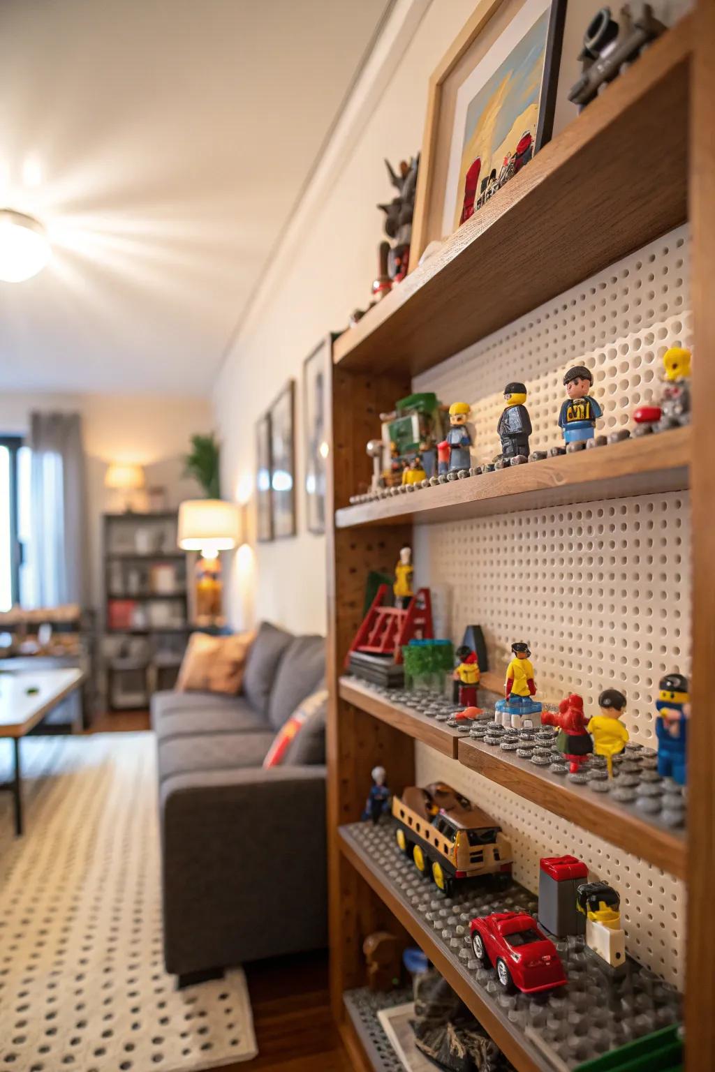 A LEGO shelf display showcases favorite mini-figures in this room.