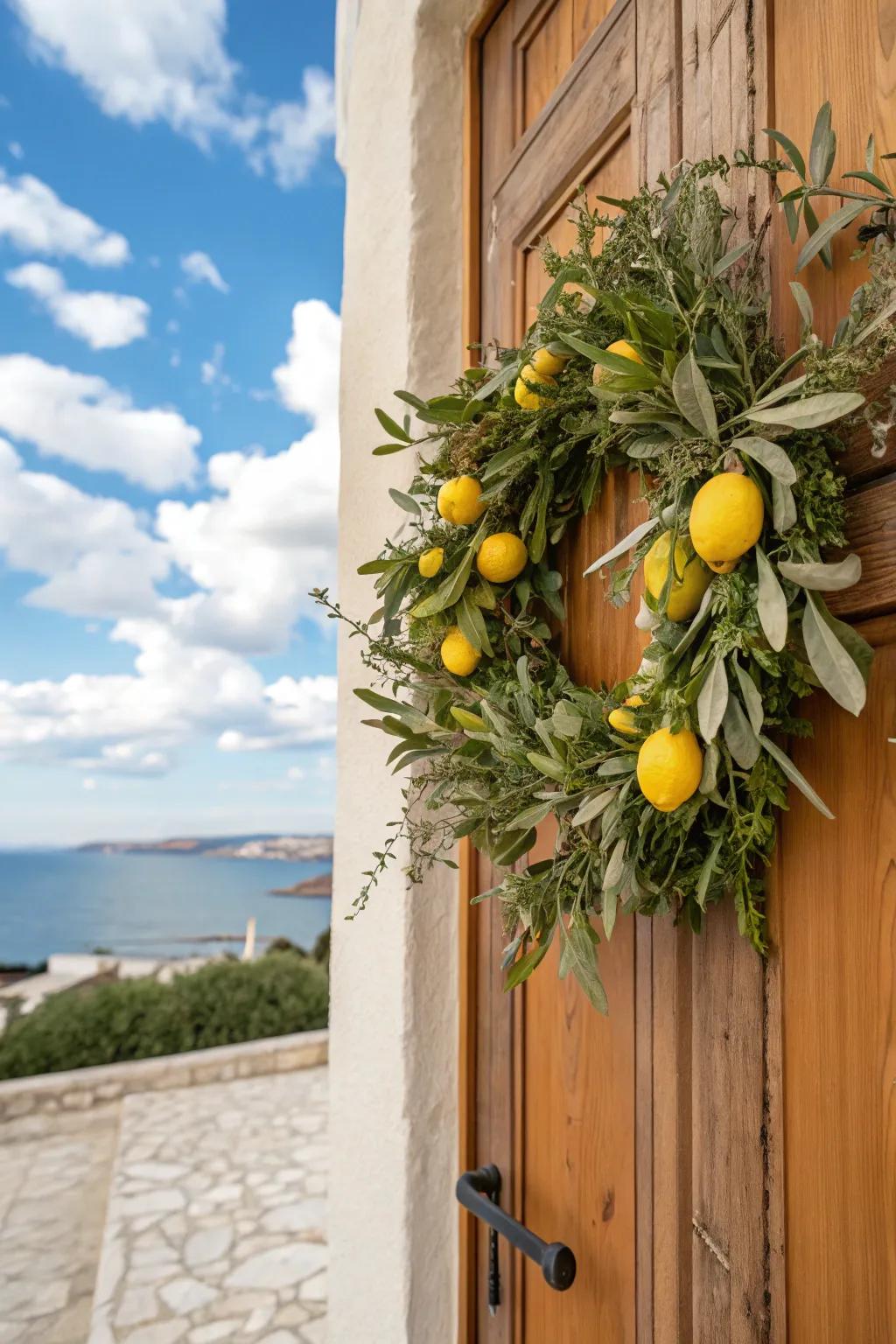 A Mediterranean-inspired lemon and olive branch wreath.