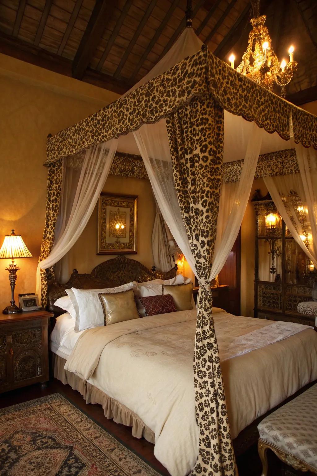 A leopard print canopy adds romance and luxury to a bedroom setting.