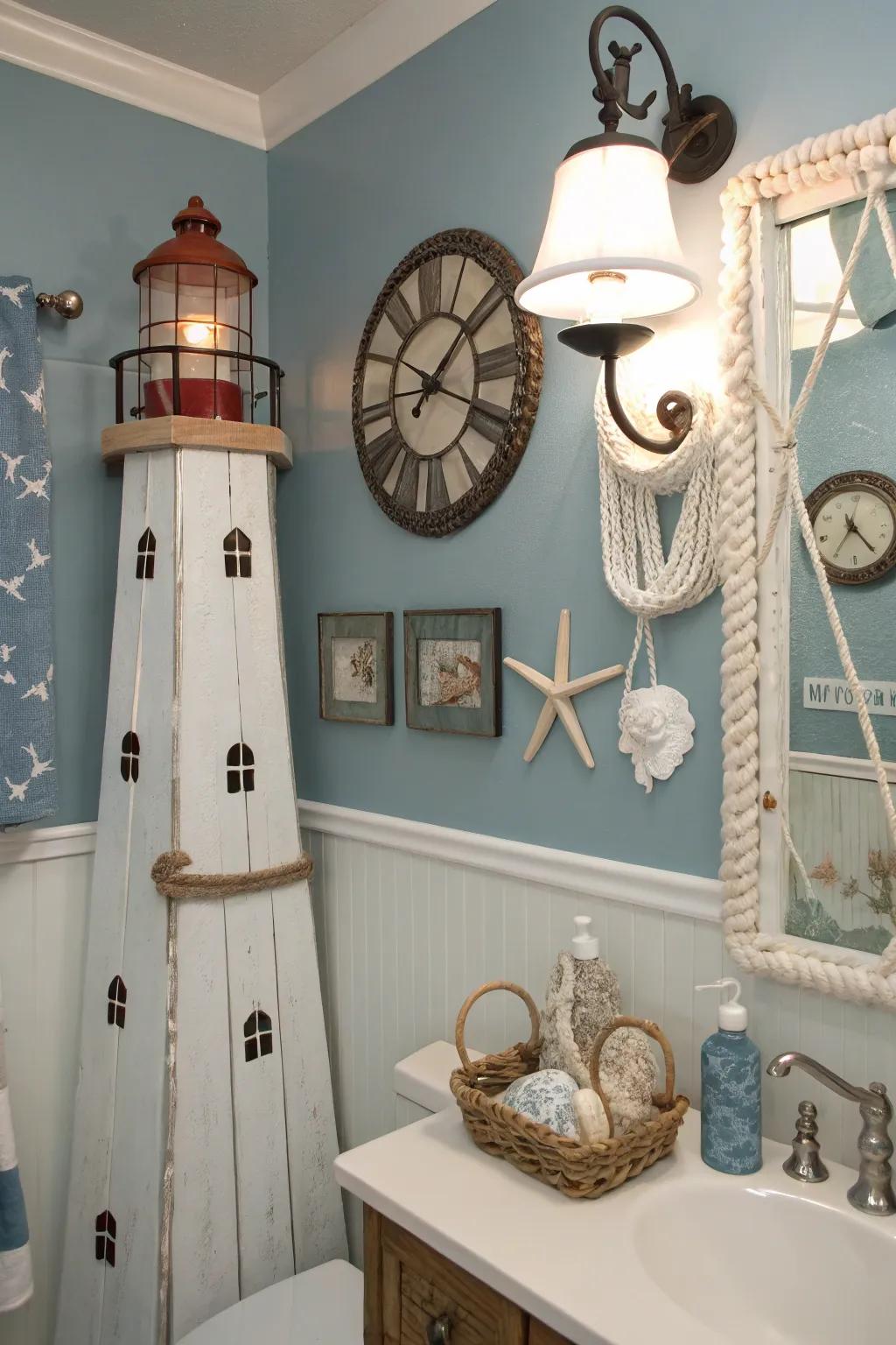 A lighthouse-themed bathroom offers a refreshing coastal escape