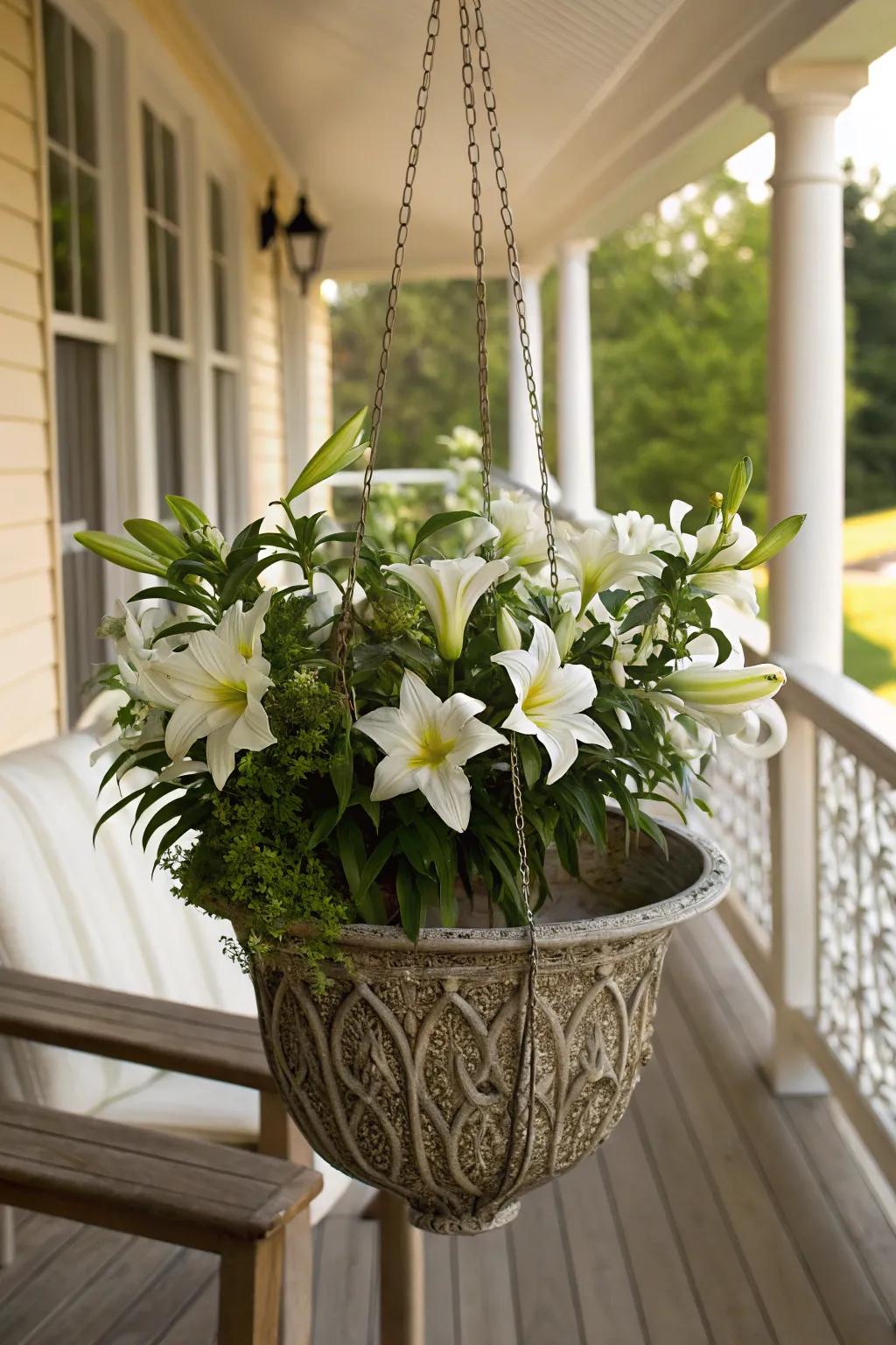 Welcome guests with a hanging basket of lilies.