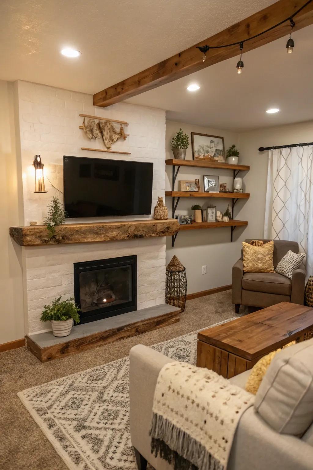 A cozy small living room featuring a live edge mantel with space-saving decor.