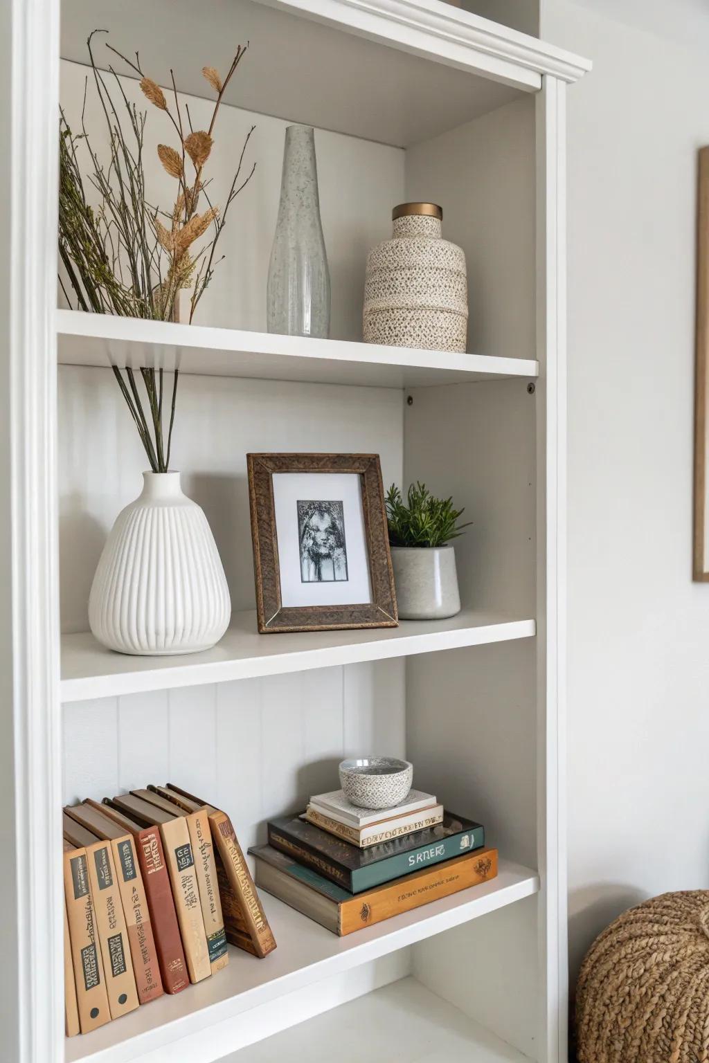 Minimalist styling creates a serene and calming bookshelf.