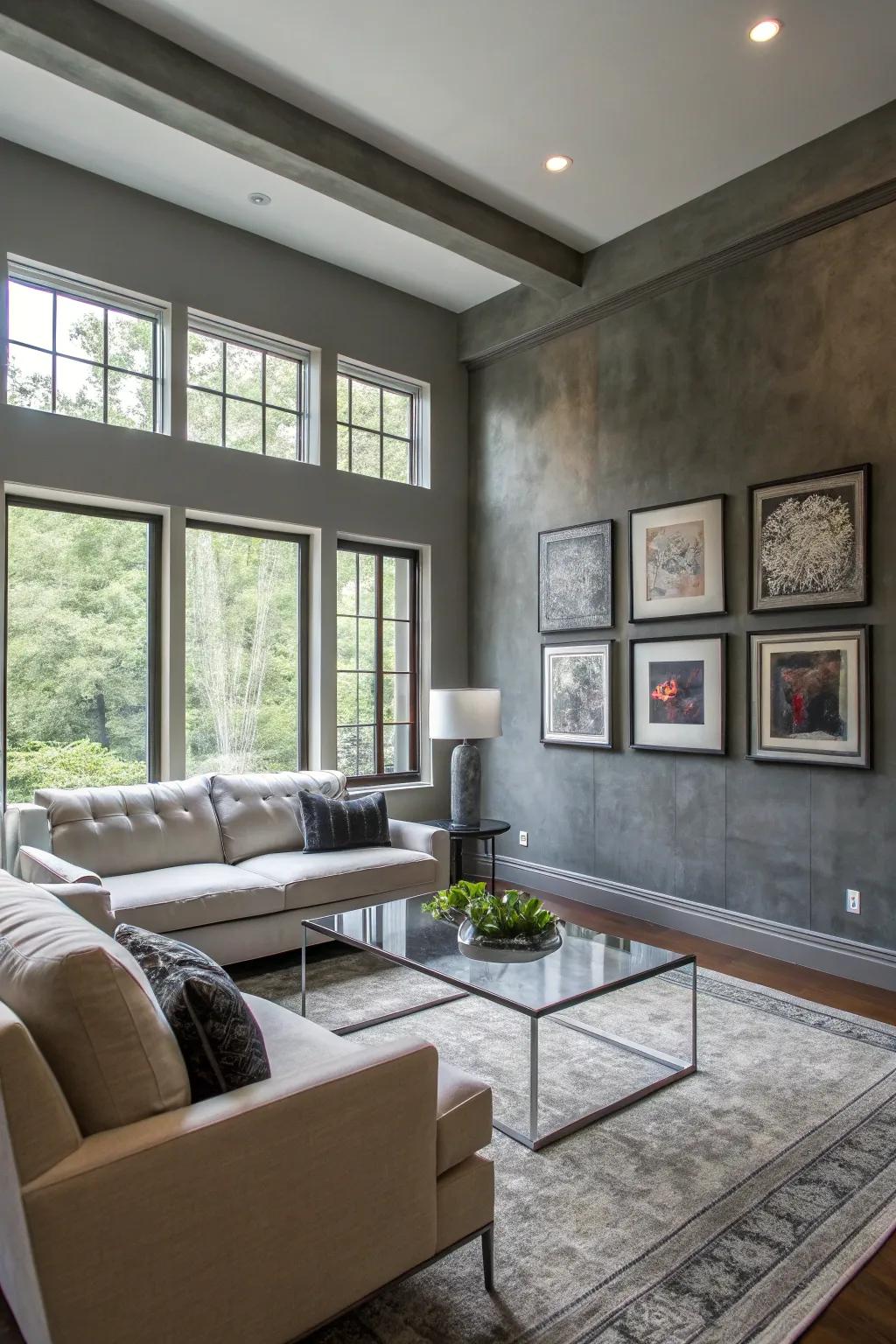 Cool grays provide a modern and chic backdrop for a stylish living room.