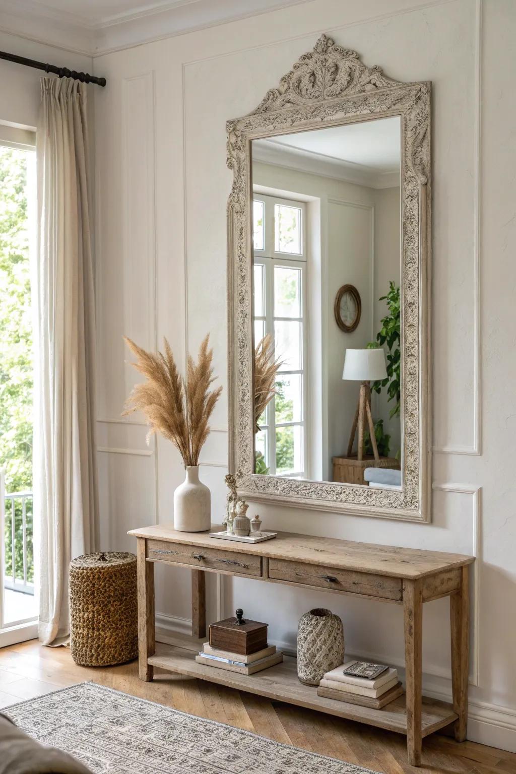 Reflect elegance and space with a statement antique mirror.