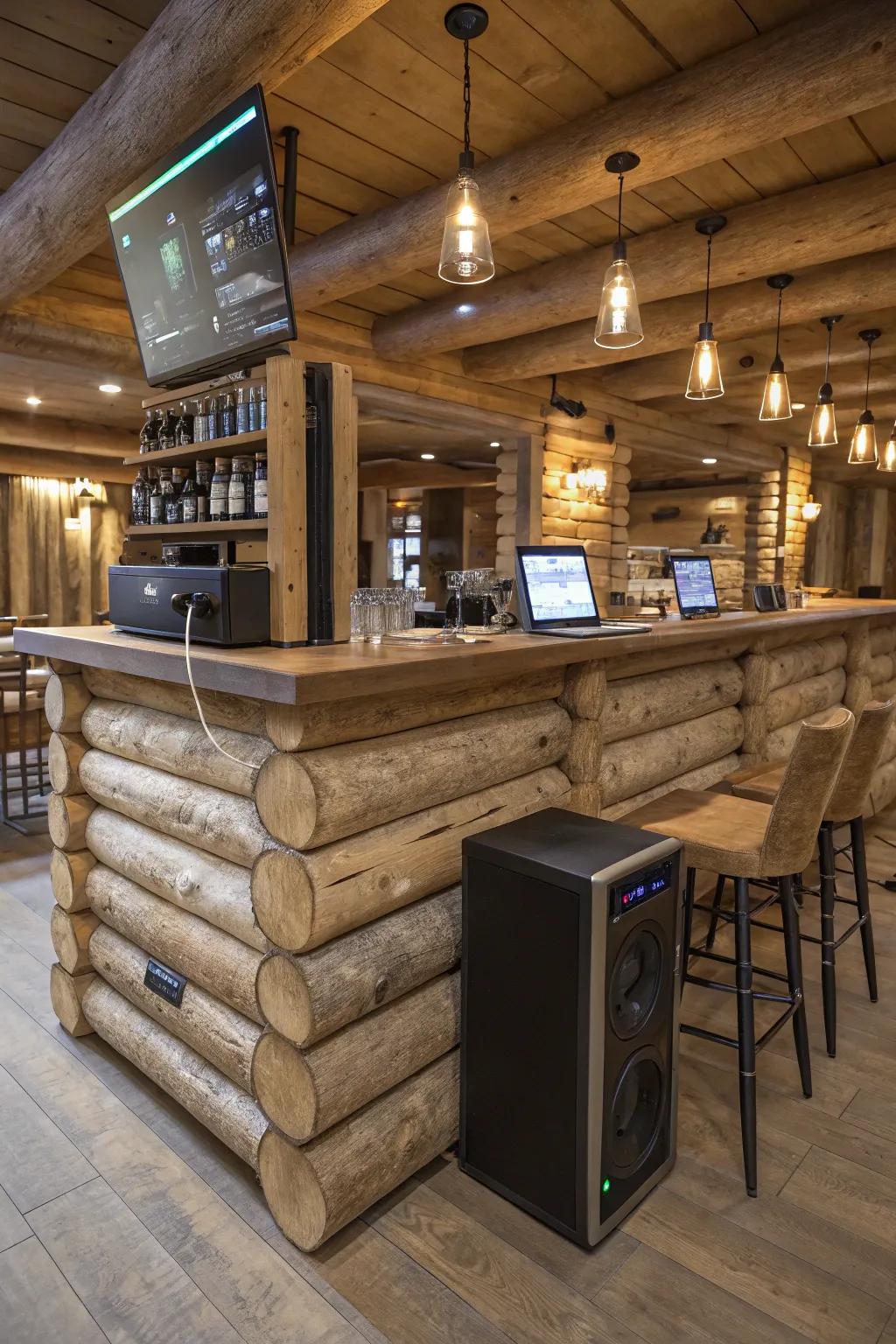 Integrating tech features adds modern convenience to this log cabin bar.