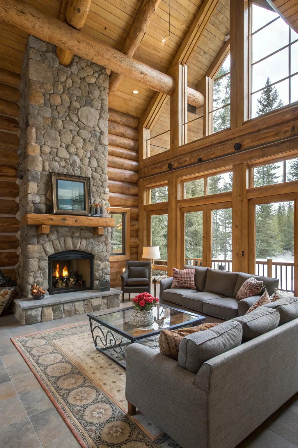 Modern furniture complements rustic elements in this log cabin living room.