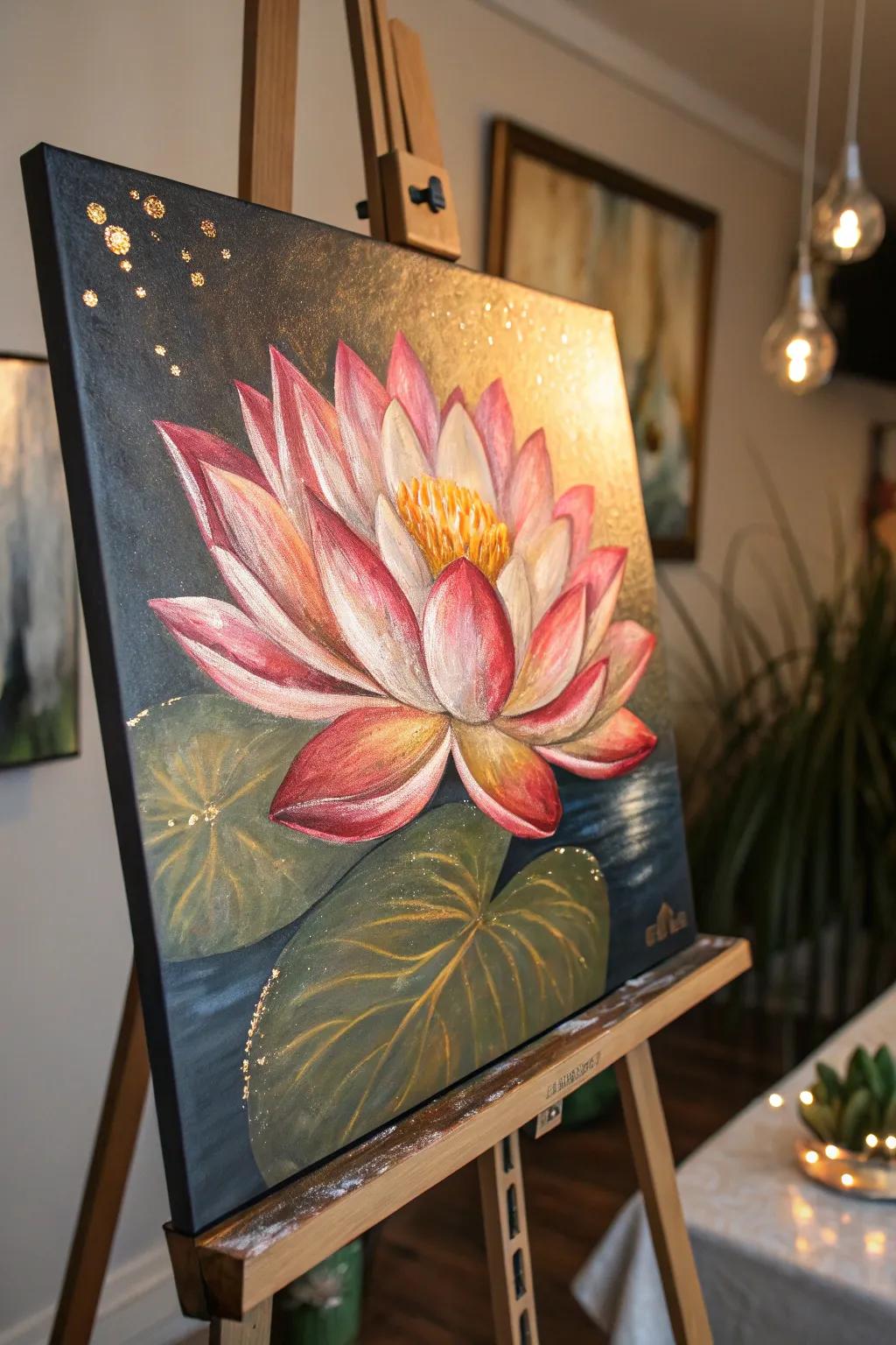 A striking lotus painting with reflective elements.