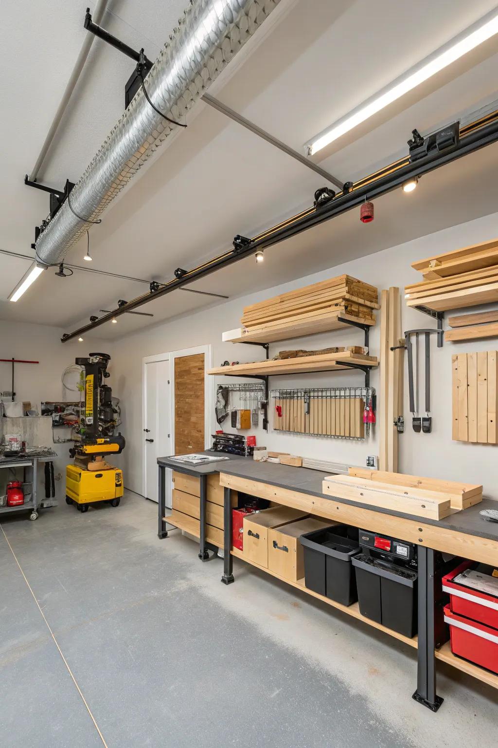 Ceiling-mounted racks save floor space and keep wood overhead and organized.