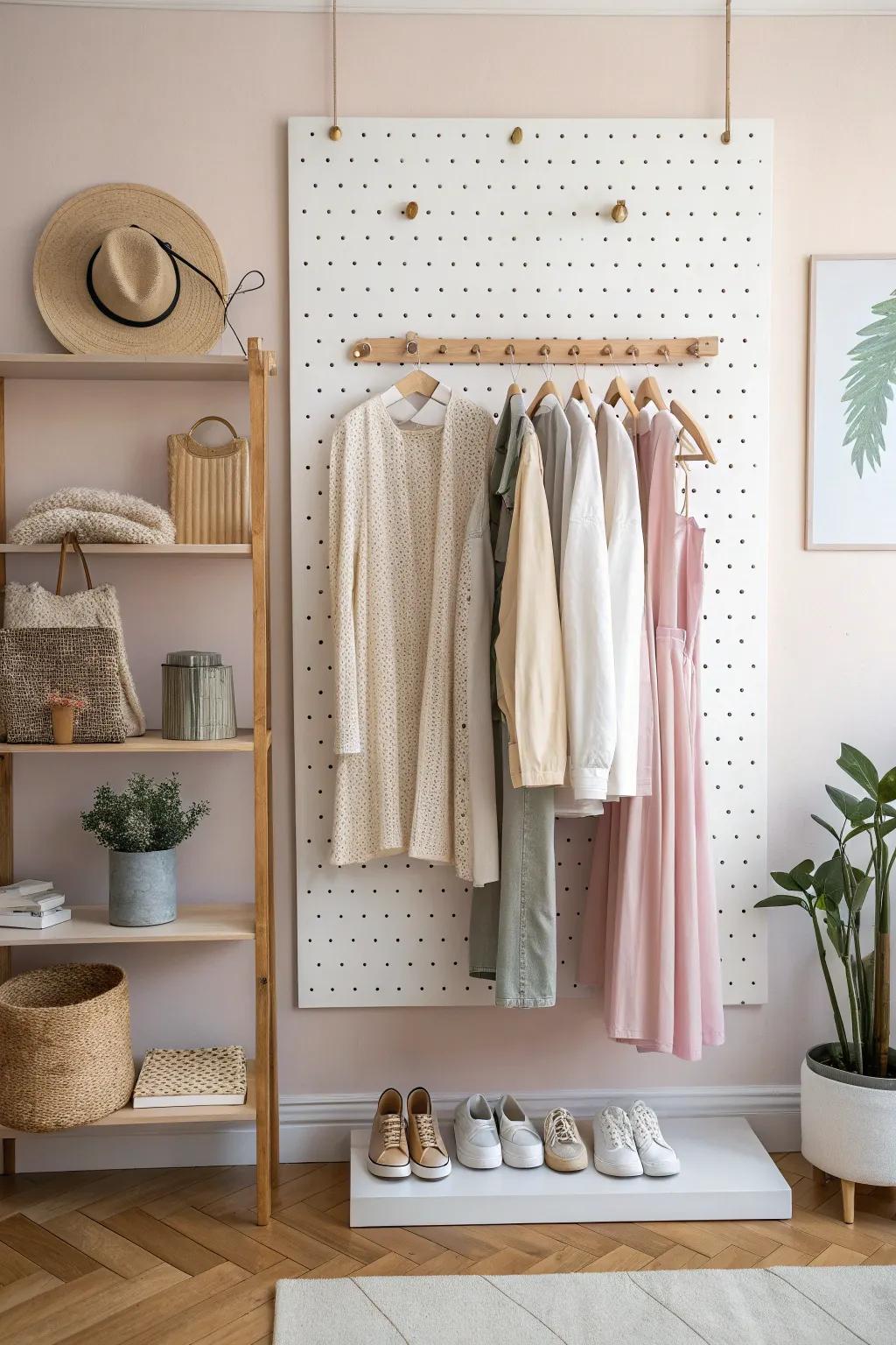 Elevate your space with a chic pegboard closet—where functionality meets style, perfect for a minimalist touch!