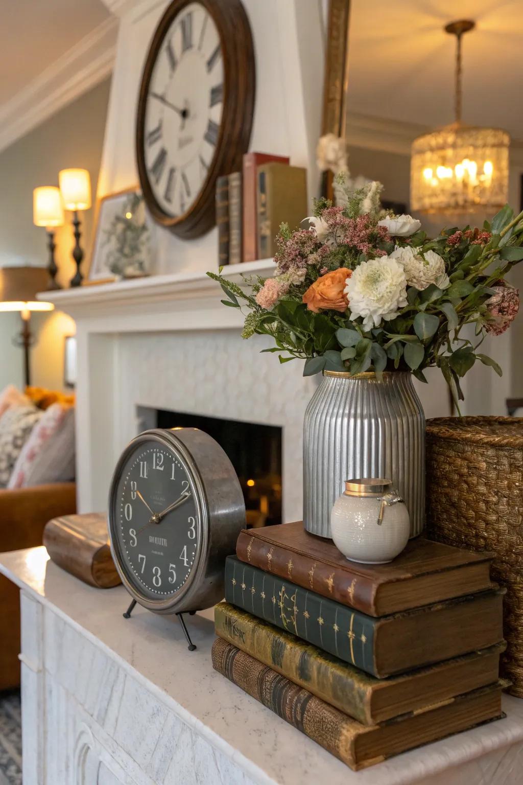 An eclectic mantel with a mix of modern and vintage decor.