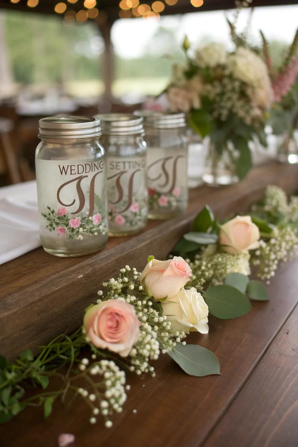 Monogrammed mason jars offer a personalized and elegant touch.