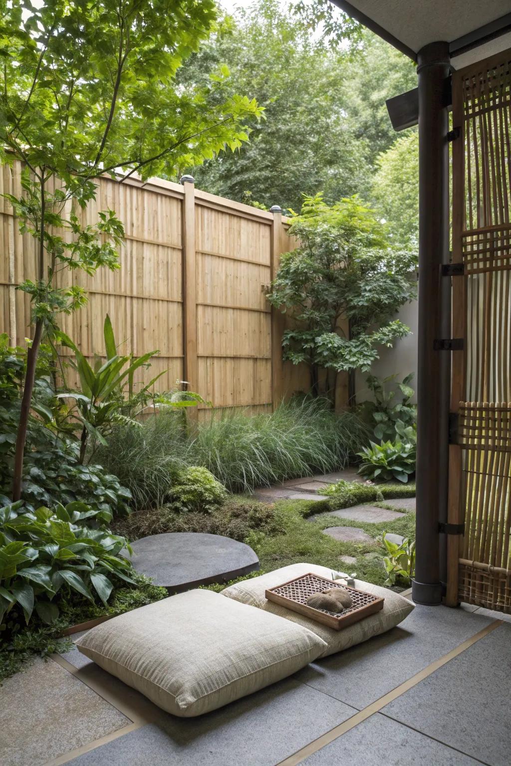 A serene meditation spot offers a peaceful retreat in the garden.