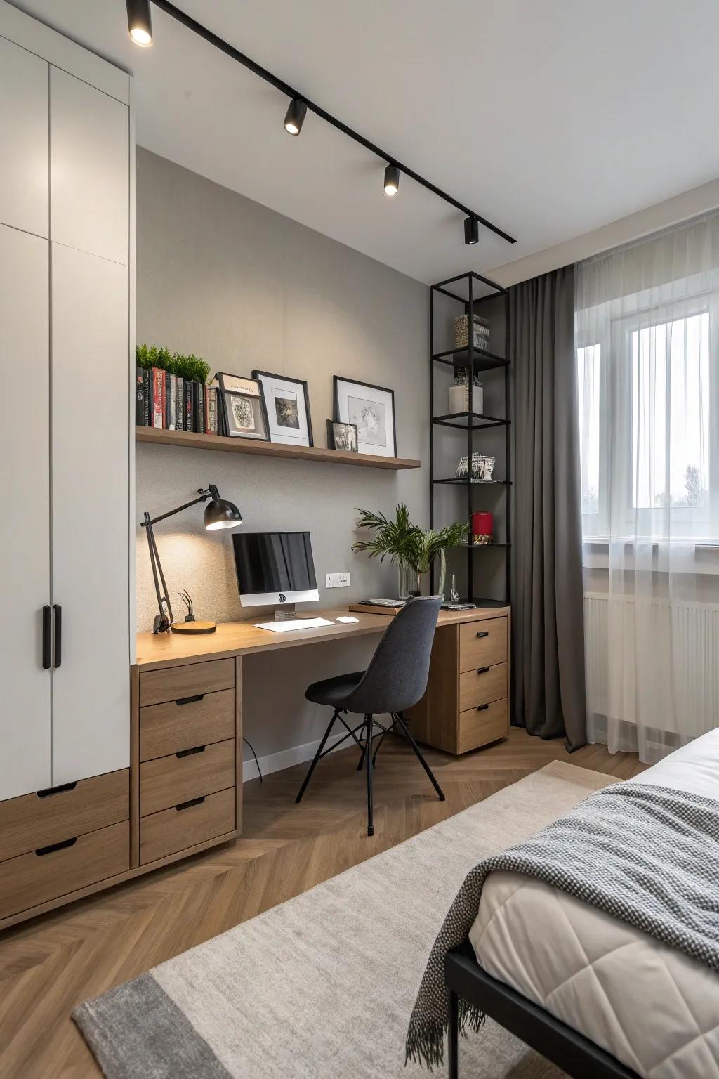 A sleek workspace integrated into this stylish bedroom.