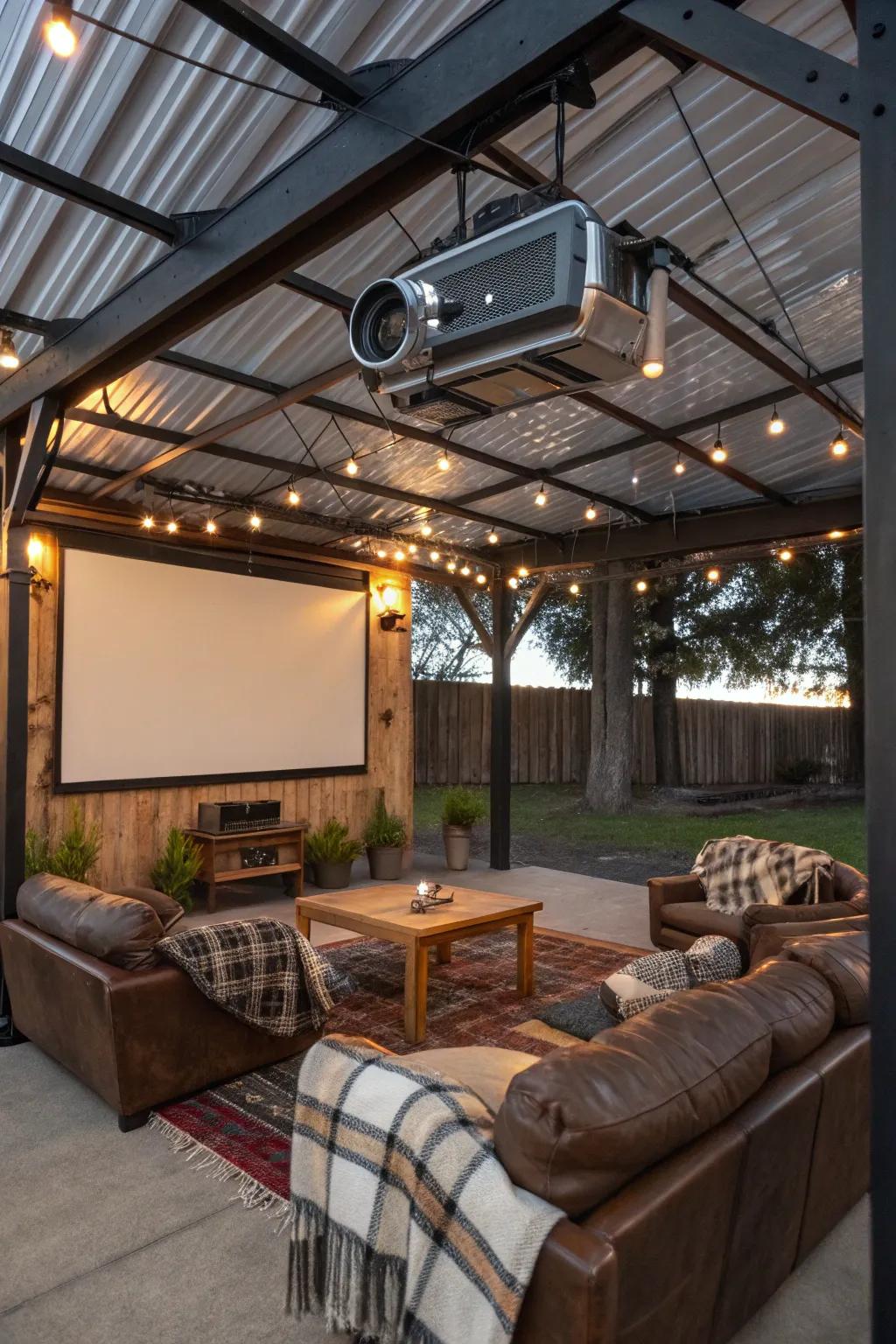 Transform your carport into the ultimate movie night retreat, where industrial charm meets cozy comfort.