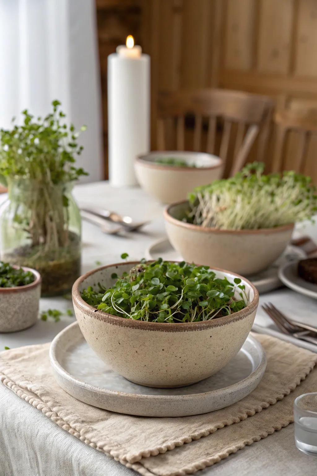 Earthy stoneware bowls make beautiful microgreen centerpieces.