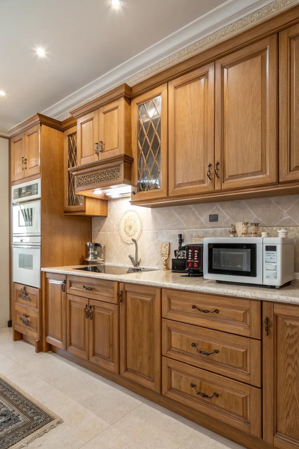 Timeless wooden cabinetry for a classic microwave setup.