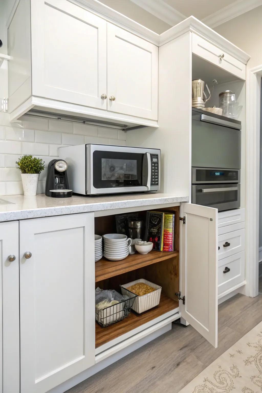 Spare cabinets make ideal spots for hidden microwave storage.