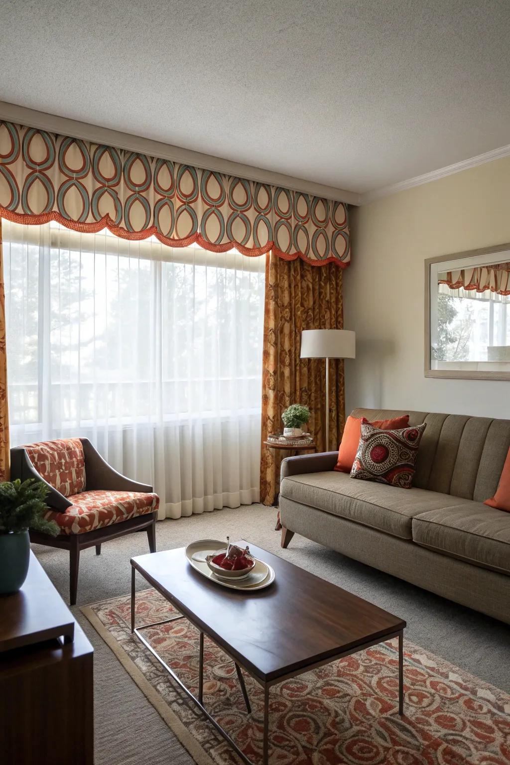 Bold valances add a splash of color and serve as a focal point.