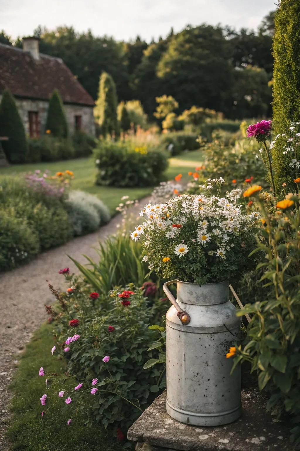 A milk can fits beautifully into a cottage garden theme.