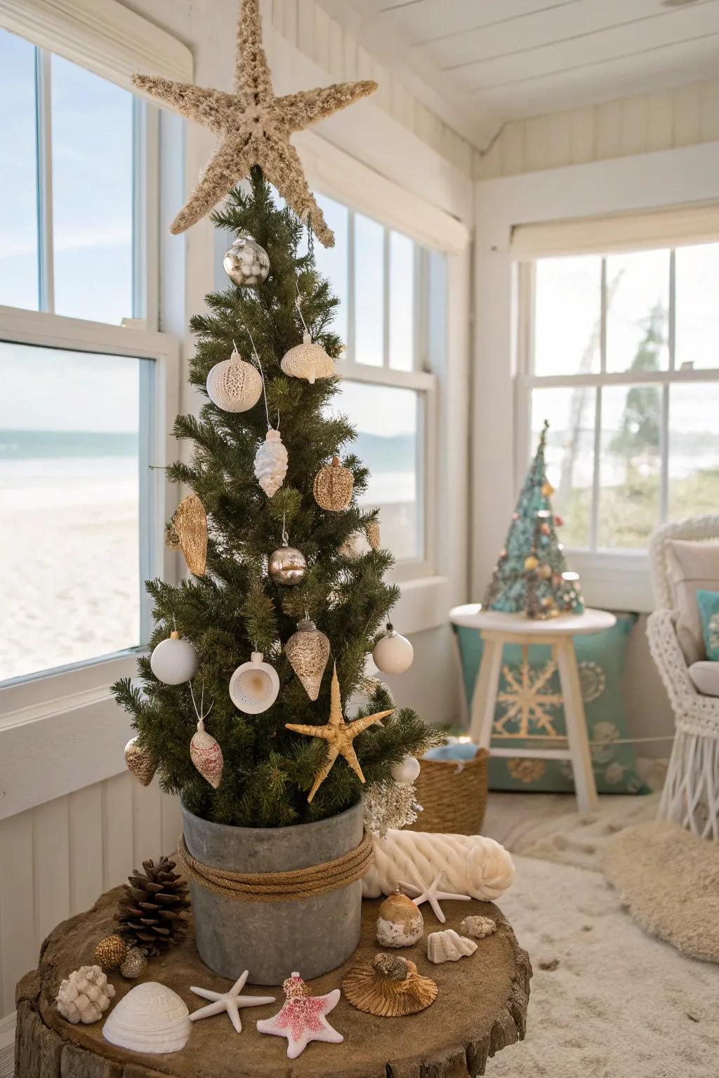 A coastal breeze-themed mini Christmas tree with seashells.