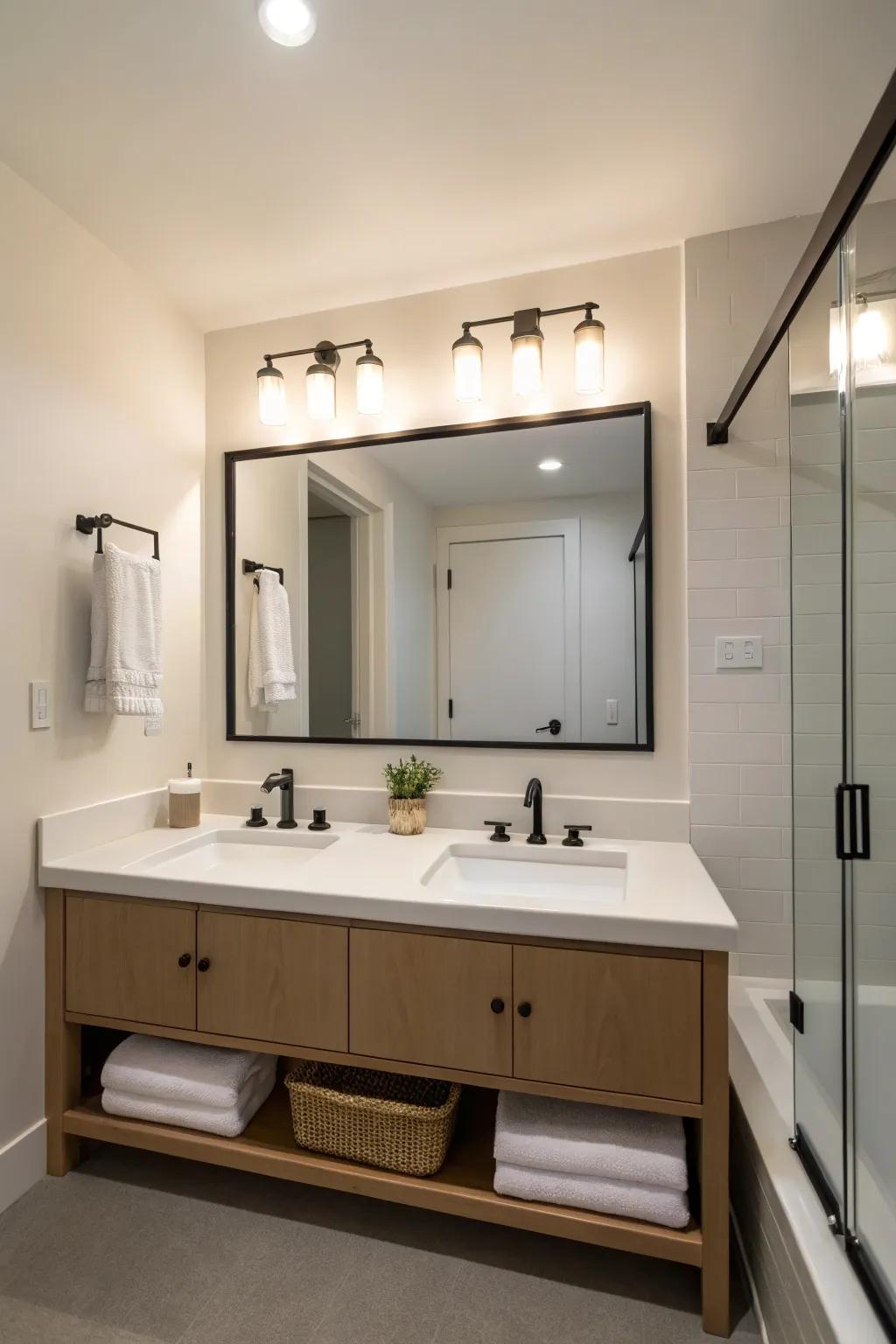 A minimalist bathroom with stylish and functional lighting.