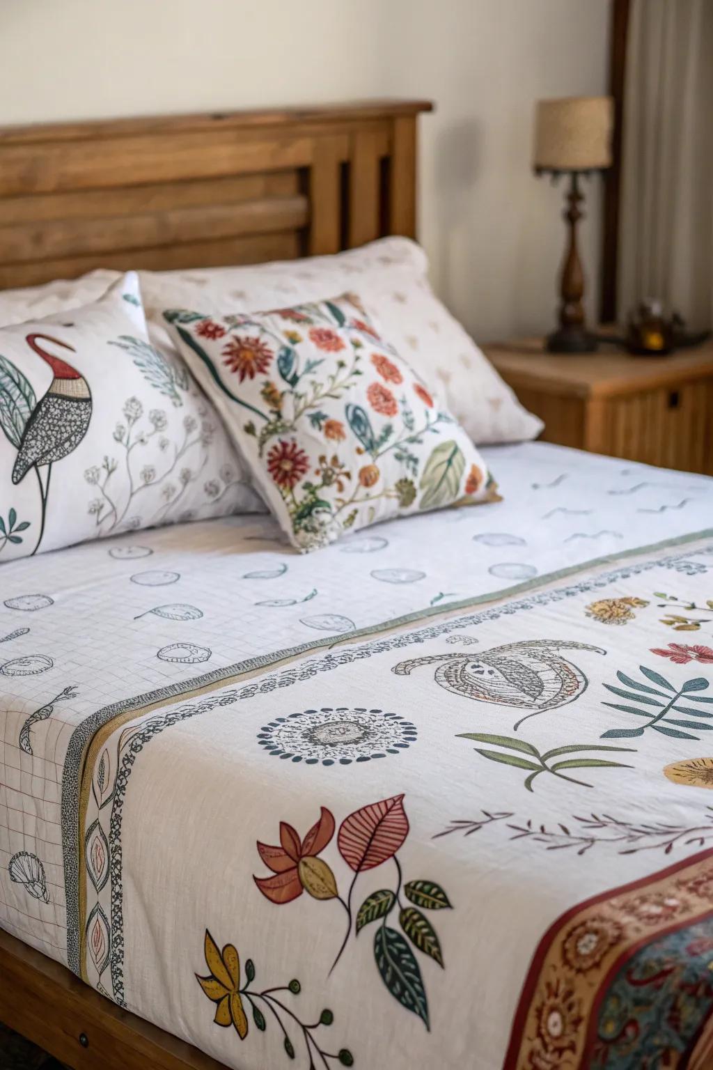 Artistic prints on sheets create a canvas of personal expression.