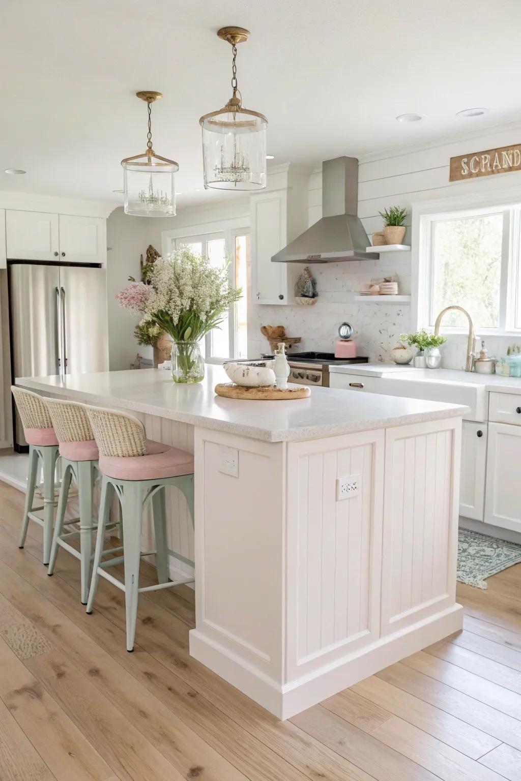 A pure white island enhances light and openness in the kitchen.