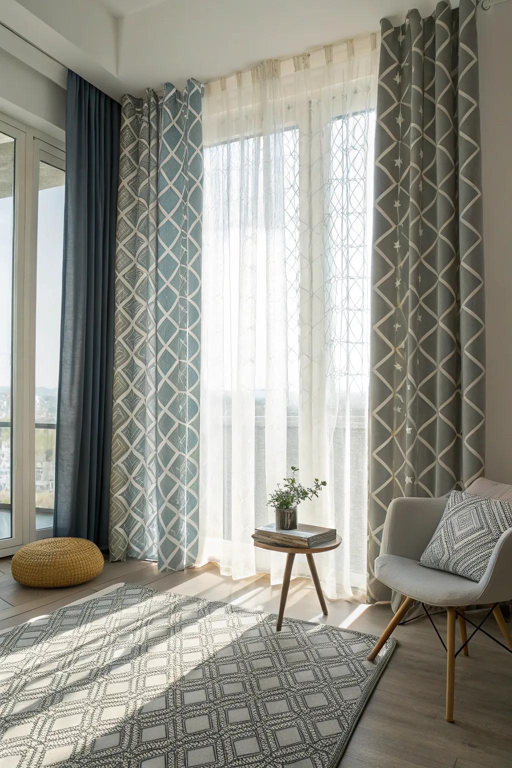 Add personality to your windows with geometric curtains.