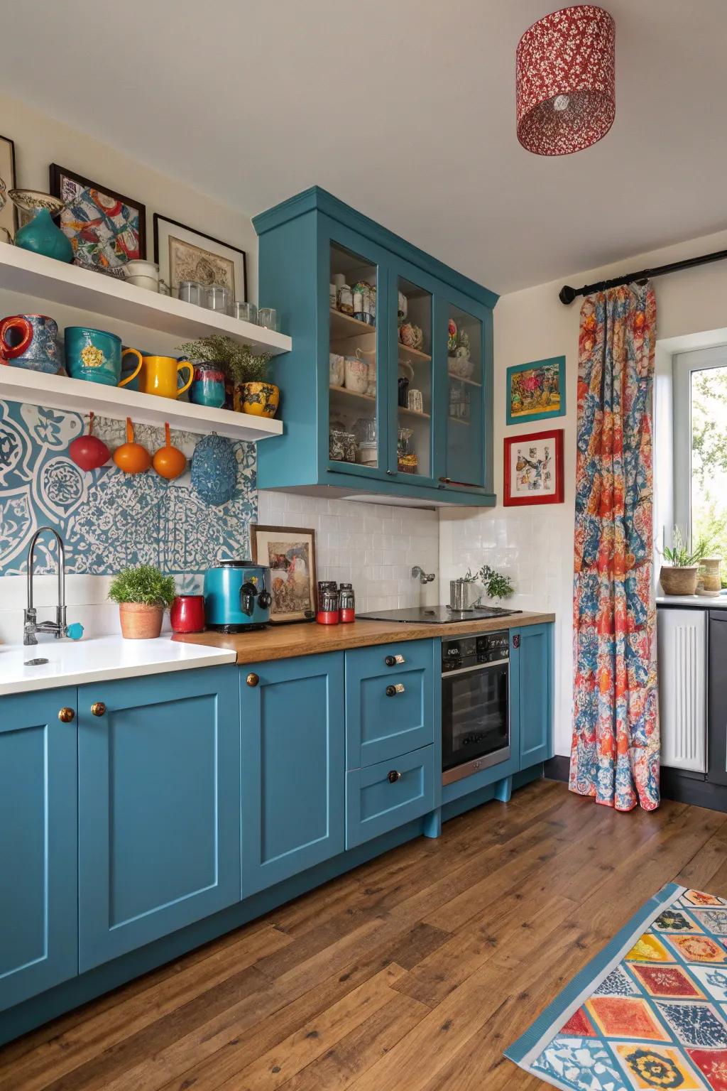 An eclectic mix of blue shades adds creativity and personality to this kitchen.