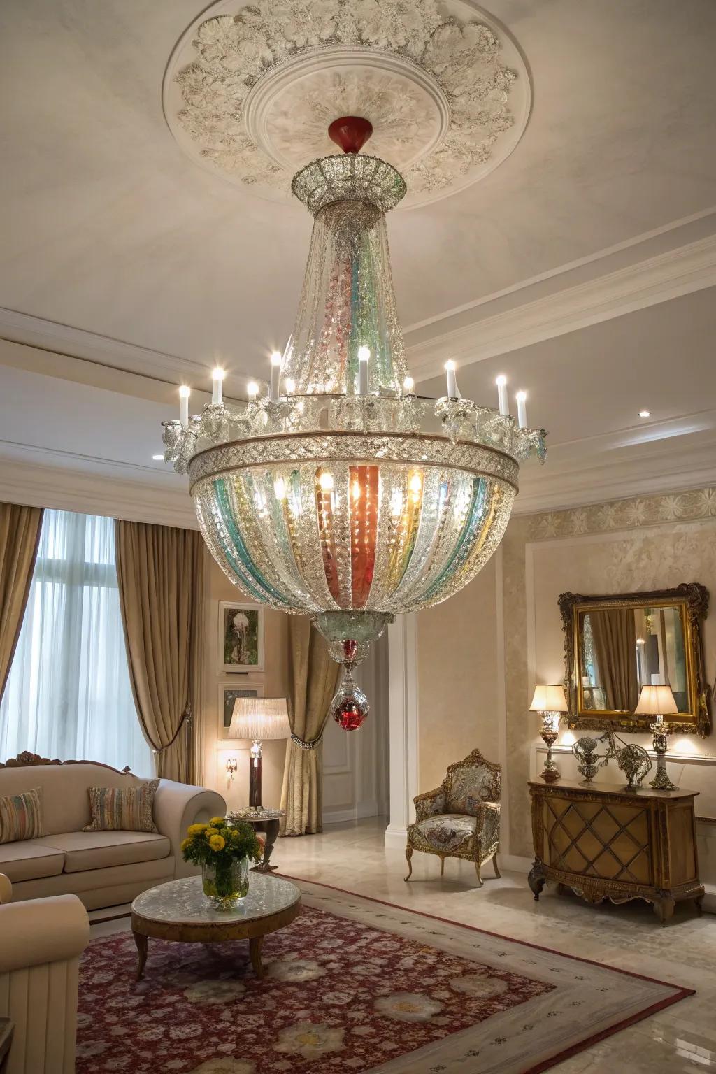 Glass chandeliers add color and elegance to interiors.