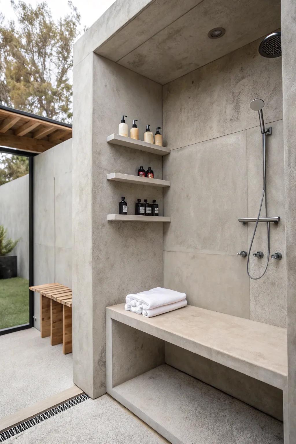 A minimalist concrete shower with floating shelves and a bench.